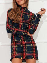 Fashion Plaid Stripe Long sleeve High collar Tee Shift Dresses