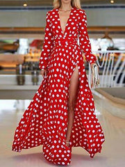 Bohemian long sleeves v-neck polka dot printed big hem maxi dresses
