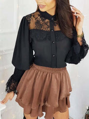 Elegant lace stitching band neck long sleeve blouses