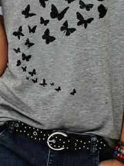Butterfly printed round neck women summer gray T-shirts