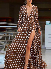Bohemian long sleeves v-neck polka dot printed big hem maxi dresses