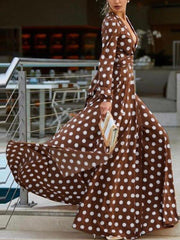 Bohemian long sleeves v-neck polka dot printed big hem maxi dresses