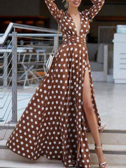 Bohemian long sleeves v-neck polka dot printed big hem maxi dresses