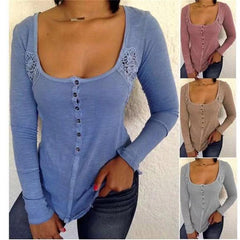 Deep U Neck Long Sleeve Lace Patchwork Button T-Shirts