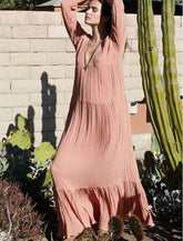 Casual Pure Long sleeve V neck Maxi Dresses