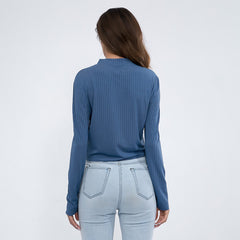 V-Neck Button Long-Sleeve Knit T-Shirt