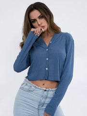 V-Neck Button Long-Sleeve Knit T-Shirt