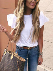 Round Neck Flounce Plain T-Shirts