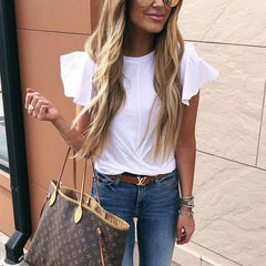 Round Neck Flounce Plain T-Shirts