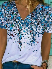 Blue Casual V Neck Short Sleeve Tops
