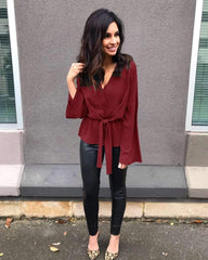 Fashion Elegant Lacing V neck Long sleeve Blouses