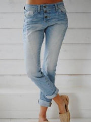 Women long pants button plain blue jeans