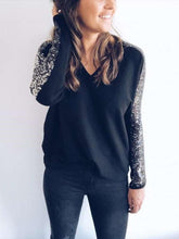 Sexy V neck Paillette Gored Long sleeve T-Shirts