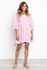 Round Neck Lantern Sleeve Pleated Casual Dresses