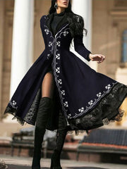 Fashion Print Lace Lapel Long sleeve Coat Maxi Dresses for women