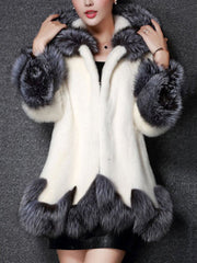 Luxurious Hooded Faux Fur Color Block Coats