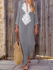 Plus Size Cotton Linen Long Sleeve Solid Loose V Neck Boho Long Dress Casual Dress Maxi Dress For Woman
