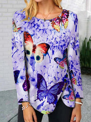 Fashion round neck butterfly hem button irregular long sleeve T-shirts