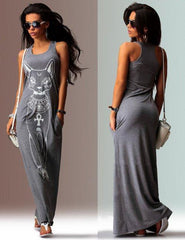 Cat Printed Straps Sleeveless Maxi Dress