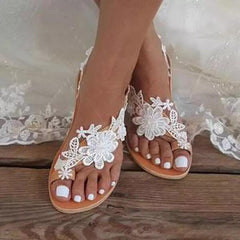 Applique Flower Solid Color Flat Heel Sandals Toe Ring Shoes