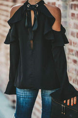 Band Collar Flounce Plain Blouses