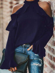 Band Collar Flounce Plain Blouses