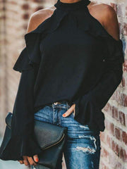 Band Collar Flounce Plain Blouses