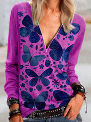 Butterfly Printed V Neck Printed Zipper T-shirts