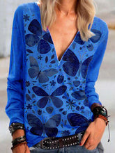 Butterfly Printed V Neck Printed Zipper T-shirts