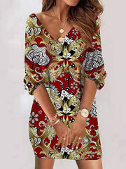 Casual Print Patchwork V Neck Straight Dresses