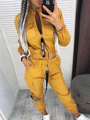 Casual Solid Zipper Mandarin Collar Three Quarter Two Pieces