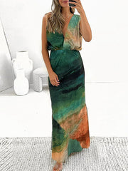 Casual Vacation Tie Dye Backless V Neck A Line Dresses