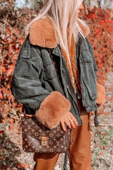 Detachable Fuzzy Faux Fur Collar Denim Coats