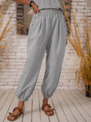 Casual Cotton Linen Soild Color Button Pocket Women Pants
