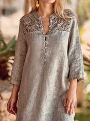 Casual Lace Plain Stand Collar Loosen Short Sleeve Woven Dress