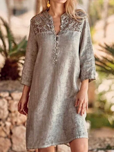 Casual Lace Plain Stand Collar Loosen Short Sleeve Woven Dress