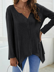 Casual Loose Solid Color V-Neck Long Sleeve T-Shirts Tops