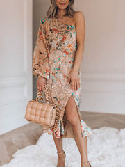 Casual Print Split Joint One Shoulder Irregular Dress Bodycon Dresses