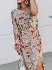 Casual Print Split Joint One Shoulder Irregular Dress Bodycon Dresses