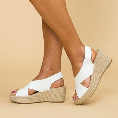 Women Peep Toe Magic Tape Wedges Crossed Sandals