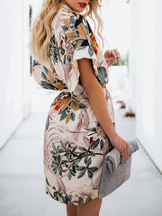 Button-up Flower Printed V-neck Short Sleeve Tie Skater Dress