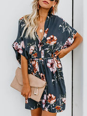 Button-up Flower Printed V-neck Short Sleeve Tie Skater Dress