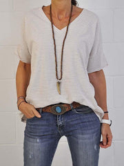 V Neck Shift Short Sleeve Striped Shirts & Tops