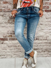 Blue Denim Simple Solid Pockets Pants