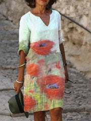 Casual floral print short sleeve V-neck cotton and linen dress mini dresses for women
