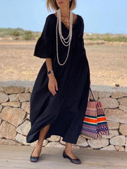 Black Half Sleeve Shift V Neck Solid Dresses