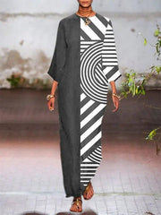 Black Shift Long Sleeve Geometric Crew Neck Dresses