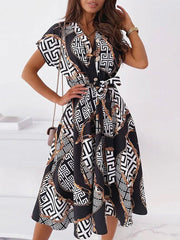 Elegant Print Patchwork V Neck Shirt Dress Dresses