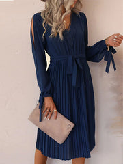 Elegant Solid Bandage Hollowed Out Fold V Neck Pleated Dresses