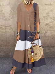 Fashion Patchwork Buttons V Neck Straight Dresses Maxi Dresses